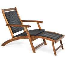 Load image into Gallery viewer, Patio Rattan Folding Lounge Chair with Acacia Wooden Frame Retractable Footrest