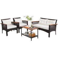 Load image into Gallery viewer, 4 Pieces Patio Rattan Acacia Wood Furniture Set with Cushions and Armrest