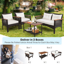 Load image into Gallery viewer, 4 Pieces Patio Rattan Acacia Wood Furniture Set with Cushions and Armrest