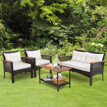 Load image into Gallery viewer, 4 Pieces Patio Rattan Acacia Wood Furniture Set with Cushions and Armrest