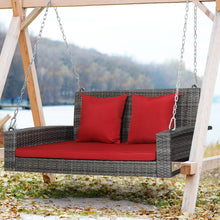 Load image into Gallery viewer, 2-Person Patio PE Wicker Hanging Porch Swing Bench Chair Cushion 800 Pounds-Red