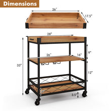 Load image into Gallery viewer, 3 Tiers Industrial Bar Serving Cart with Utility Shelf and Handle Racks-Natural
