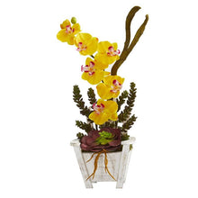 Load image into Gallery viewer, Phalaenopsis Orchid & Succulent Artificial Arrangement in Chair Planter