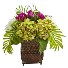 Load image into Gallery viewer, Roses and Hydrangea Artificial Arrangement in Metal Planter