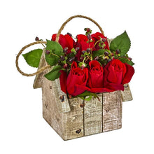 Load image into Gallery viewer, Elegant Rose Artificial Arrangement in Birdhouse Hanging Planter