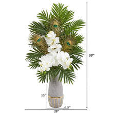 Load image into Gallery viewer, Phalaenopsis Orchid and Peacock Feather Artificial Arrangement