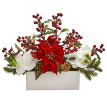 Load image into Gallery viewer, Phalaenopsis Orchid, Poinsettia and Holly Berry Artificial Arrangement