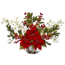 Load image into Gallery viewer, Poinsettia, Dogwood, Berry and Pine Artificial Arrangement in Silver Vase
