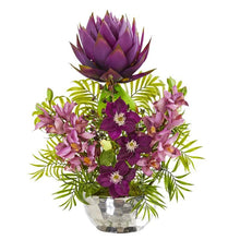 Load image into Gallery viewer, 24" Cymbidium Orchid and Mixed Floral Artificial Arrangement in Silver Vase