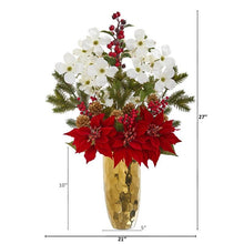 Load image into Gallery viewer, Poinsettia, Dogwood, Holly Berry and Pine Artificial Arrangement in Gold Vase
