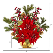 Load image into Gallery viewer, 17" Poinsettia, Holly Berry and Pine Artificial Arrangement