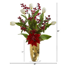 Load image into Gallery viewer, 28" Tulip, Poinsettia and Berry Artificial Arrangement in Golden Vase