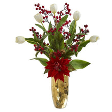 Load image into Gallery viewer, 28" Tulip, Poinsettia and Berry Artificial Arrangement in Golden Vase