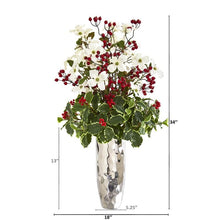 Load image into Gallery viewer, 34" Dogwood and Holly Berry Artificial Arrangement in Silver Vase