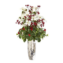 Load image into Gallery viewer, 34" Dogwood and Holly Berry Artificial Arrangement in Silver Vase
