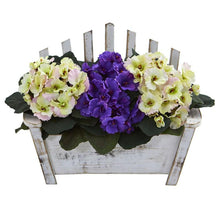 Load image into Gallery viewer, African Violet Artificial Plant in Wooden Bench Planter