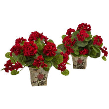 Load image into Gallery viewer, Geranium Flowering Silk Plant with Floral Planter (Set of 2)