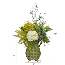 Load image into Gallery viewer, 25" Hydrangea, Ficus, and Fern Artificial Plant in Metal Planter