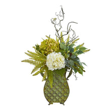 Load image into Gallery viewer, 25" Hydrangea, Ficus, and Fern Artificial Plant in Metal Planter