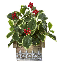 Load image into Gallery viewer, 12" Variegated Holly Leaf Artificial Plant in Hanging Floral Design House Planter (Real Touch)