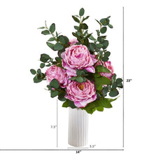Load image into Gallery viewer, Peony and Eucalyptus Artificial Arrangement in White Vase