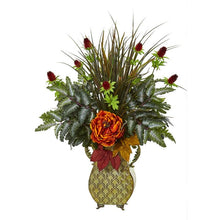 Load image into Gallery viewer, Peony Mixed Greens and Thistle Artificial Arrangement