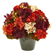 Load image into Gallery viewer, 20" Autumn Hydrangea Artificial Arrangement in Green Vase
