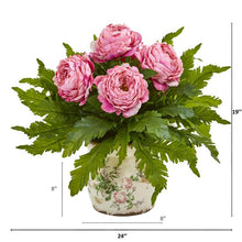 Load image into Gallery viewer, Peony and Fern Artificial Arrangement in Floral Vase