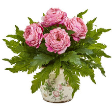Load image into Gallery viewer, Peony and Fern Artificial Arrangement in Floral Vase