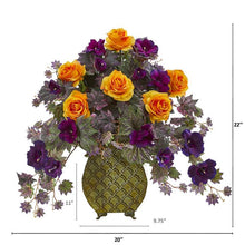 Load image into Gallery viewer, Rose and Gloxinia Artificial Arrangement in Metal Vase