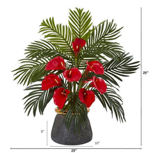 Load image into Gallery viewer, Calla Lilly and Areca Palm Artificial Arrangement in Stoneware Vase