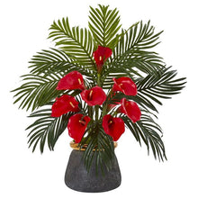 Load image into Gallery viewer, Calla Lilly and Areca Palm Artificial Arrangement in Stoneware Vase