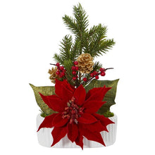 Load image into Gallery viewer, Poinsettia, Berry and Pine Artificial Arrangement in White Vase