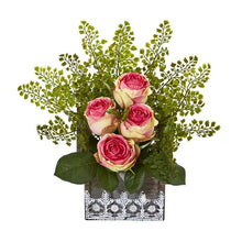 Load image into Gallery viewer, 13" Rose and Maiden Hair Artificial Arrangement in Hanging Floral Design House Planter