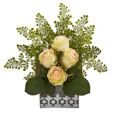 Load image into Gallery viewer, 13" Rose and Maiden Hair Artificial Arrangement in Hanging Floral Design House Planter