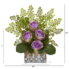 Load image into Gallery viewer, 13" Rose and Maiden Hair Artificial Arrangement in Hanging Floral Design House Planter