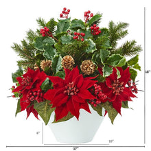 Load image into Gallery viewer, 18" Poinsettia, Holly Leaf and Pine Artificial Arrangement in White Vase