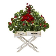 Load image into Gallery viewer, 26" Poinsettia and Holly Berry Artificial Arrangement in Drawer Planter