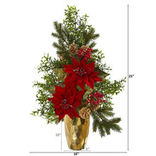 Load image into Gallery viewer, 25" Poinsettia, Boxwood and Pine Artificial Arrangement in Gold Vase
