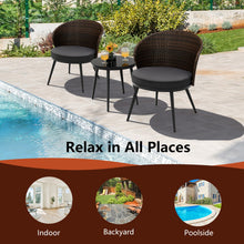 Load image into Gallery viewer, 3 Pieces Patio Rattan Bistro Set with 2 Seat Cushions and Tempered Glass Tabletop-Brown