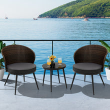 Load image into Gallery viewer, 3 Pieces Patio Rattan Bistro Set with 2 Seat Cushions and Tempered Glass Tabletop-Brown
