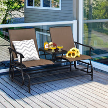 Load image into Gallery viewer, 2-Person Double Rocking Loveseat with Mesh Fabric and Center Tempered Glass Table-Brown