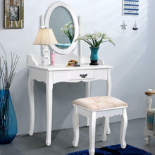 Load image into Gallery viewer, Wooden Vanity Makeup Set with Cushioned Stool and Oval Rotating Mirror