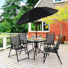 Load image into Gallery viewer, 6 Pieces Patio Dining Set Folding Chairs Glass Table Tilt Umbrella for Garden-Black