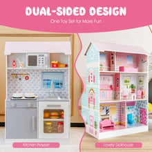 Load image into Gallery viewer, 2-In-1 Double Sided Kids Kitchen Playset and Dollhouse with Furniture