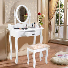 Load image into Gallery viewer, Wooden Vanity Makeup Set with Cushioned Stool and Oval Rotating Mirror