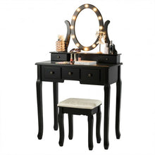 Load image into Gallery viewer, 5 Drawers Vanity Table Stool Set with 12-LED Bulbs-Black