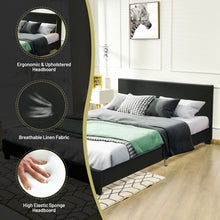 Load image into Gallery viewer, Queen Upholstered Platform Bed Frame with Linen Headboard Wood Slat-Black