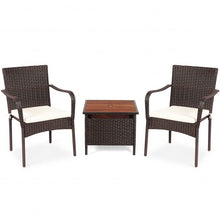 Load image into Gallery viewer, 3 PCS Patio Rattan Furniture Bistro Set with Wood Side Table and Stackable Chair