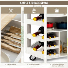 Load image into Gallery viewer, Kitchen Cart with Rubber Wood Top 3 Tier Wine Racks 2 Cabinets-White
